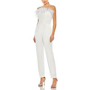 Mac Duggal Strapless Jumpsuit With Feather Trim Size 2 White Crepe Polyester Sle